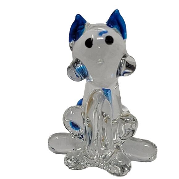 Frankencat Glass Cat Miniature Figurine 1¼" TINY Blue Tip Ears Tail - Picture 1 of 9